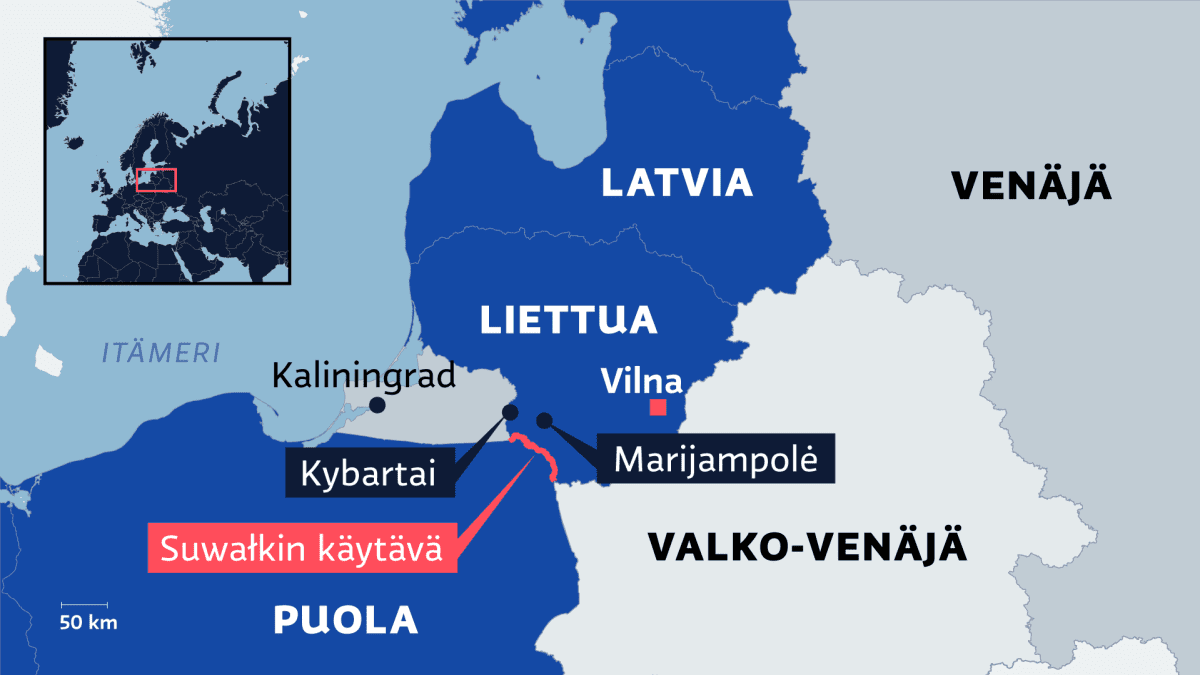 Kartalle merkattuna Liettua, Puola, Latvia, Valko-Venäjä sekä Venäjä. Lisäksi merkattuna myös Suwałkin käytävä, Kybartain ja Marijampolėn kaupungit.