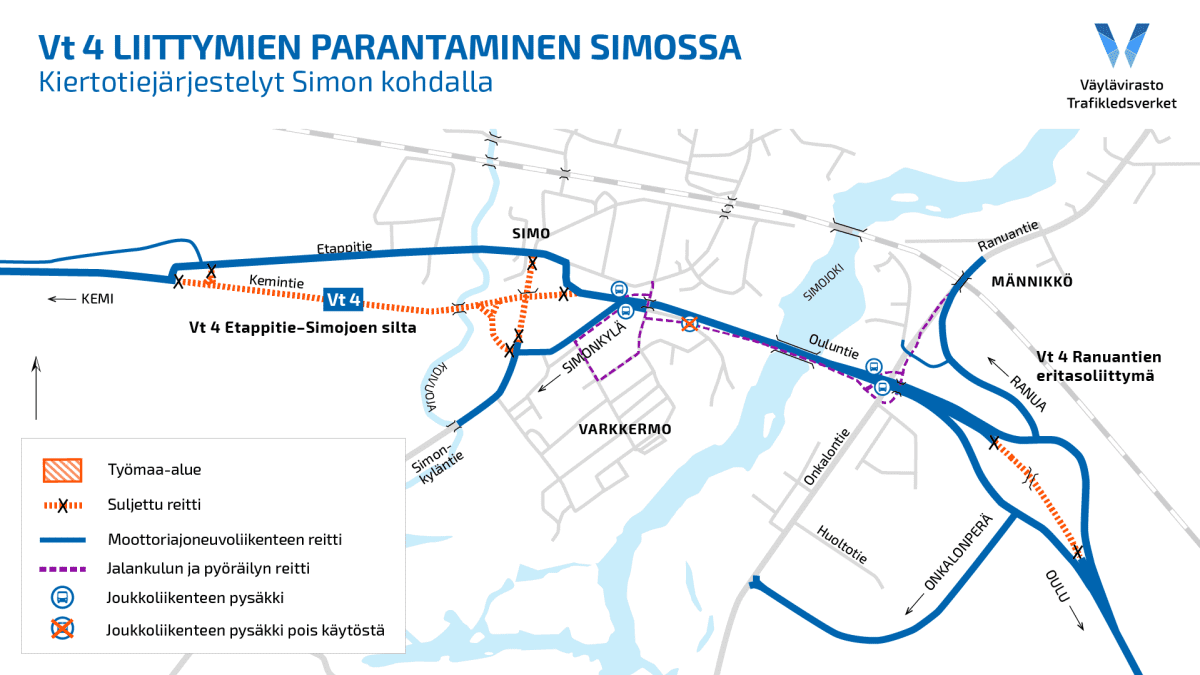 Kartalla kiertotiejärjestelyt Simon kohdalla.