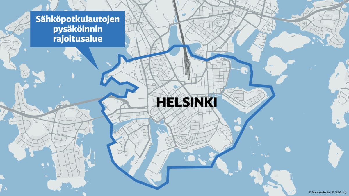 Sähköpotkulautojen pysäköinnin rajoitusalue Helsingin kartatlla.