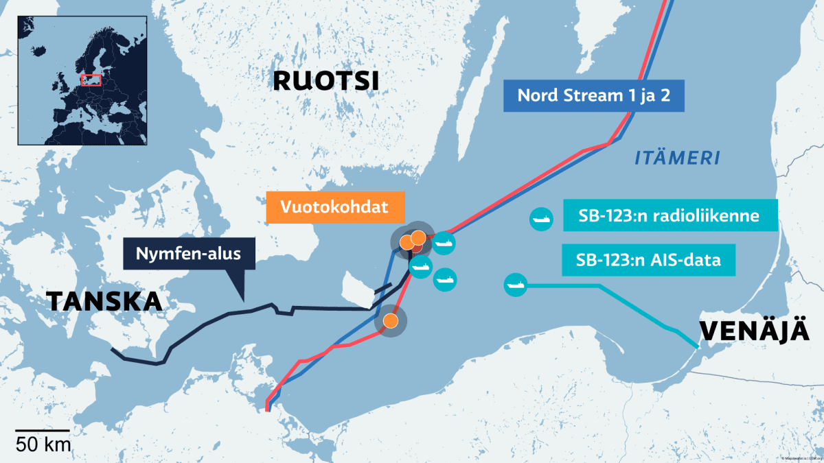 Karttaan merkattu Nord Stream putket, sen vuotokohdat, Nymfen-aluksen liikkeet sekä SB-123:n radioliikenne ja AIS-data.