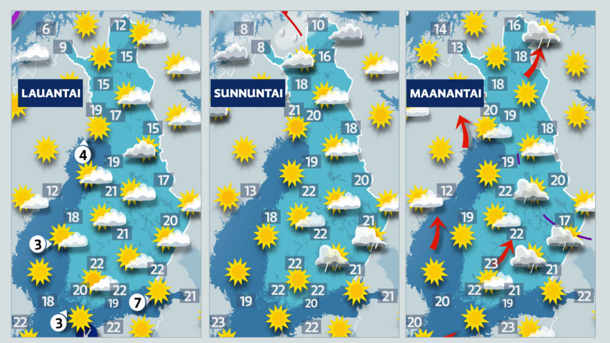 Sääkartat 13.5. - 15.5.2023. Sää on aurinkoista. 