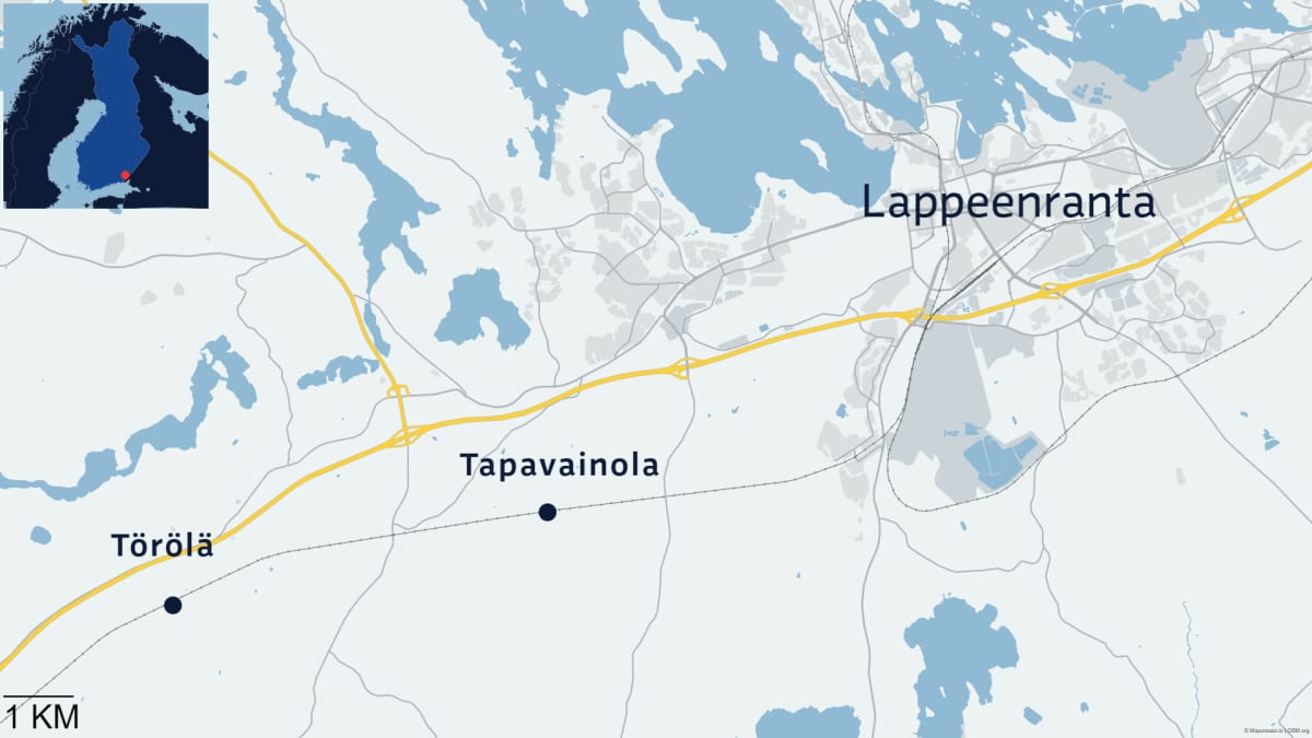 Kartta Tapavainolan ja Törölän sijainnista suhteessa Lappeenrantaan.