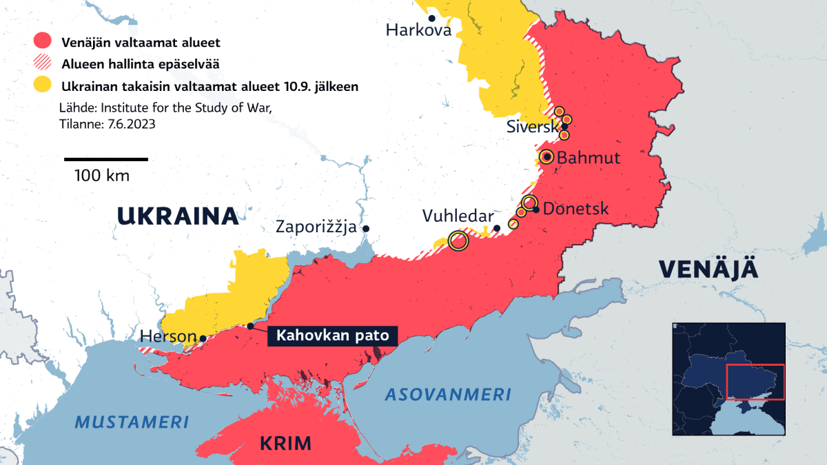 Ukraonan kartta, taisteluiden sijainti 7.6.2023