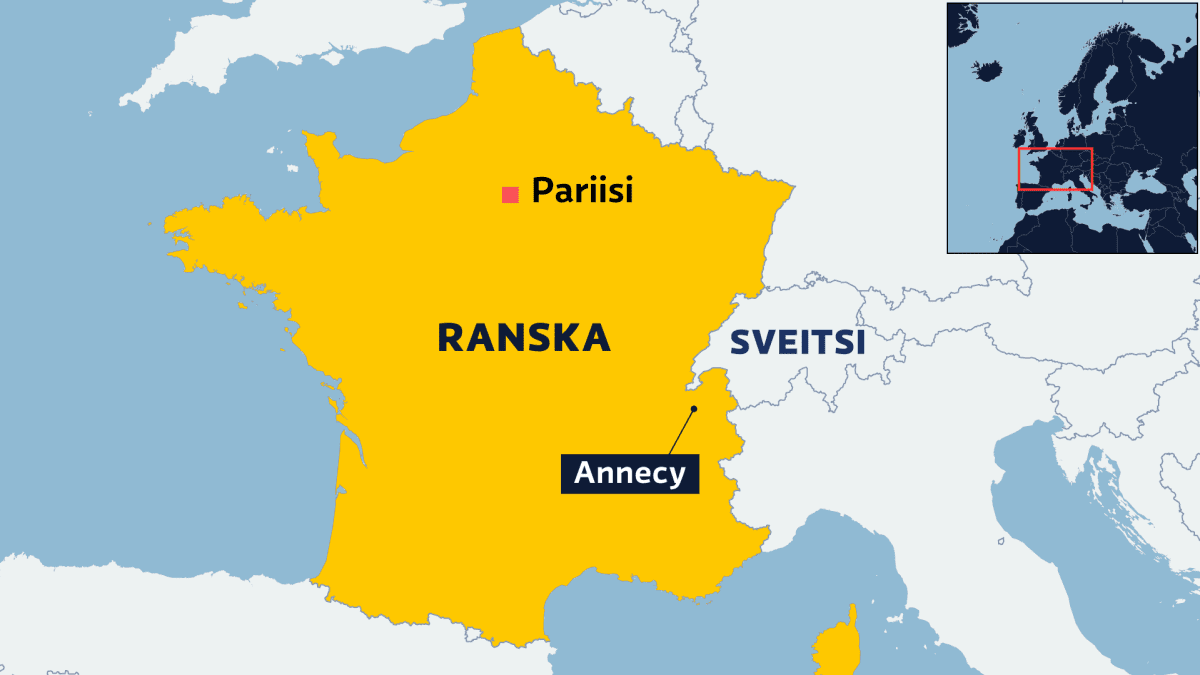Ranskan kartta, jossa Pariisin ja Annecyn kaupungit merkittyinä.