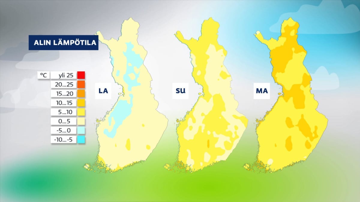 Seuraavien öiden alin lämpötila. Lauantain vastainen yö on vielä kylmä ja yöpakkasta voi esiintyä lännessä ja pohjoisessa.