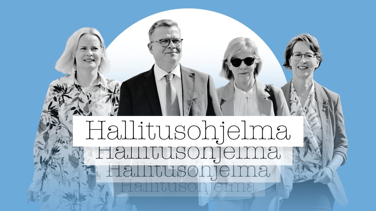 Käsitelty kuva mustavalkoisista Riikka Purrasta, Petteri Orposta, Anna-Maja Henrikssonista ja Sari Essayahista sinisellä taustalla. Henkilöiden päällä on moneen kertaan teksti Hallitusohjelma.