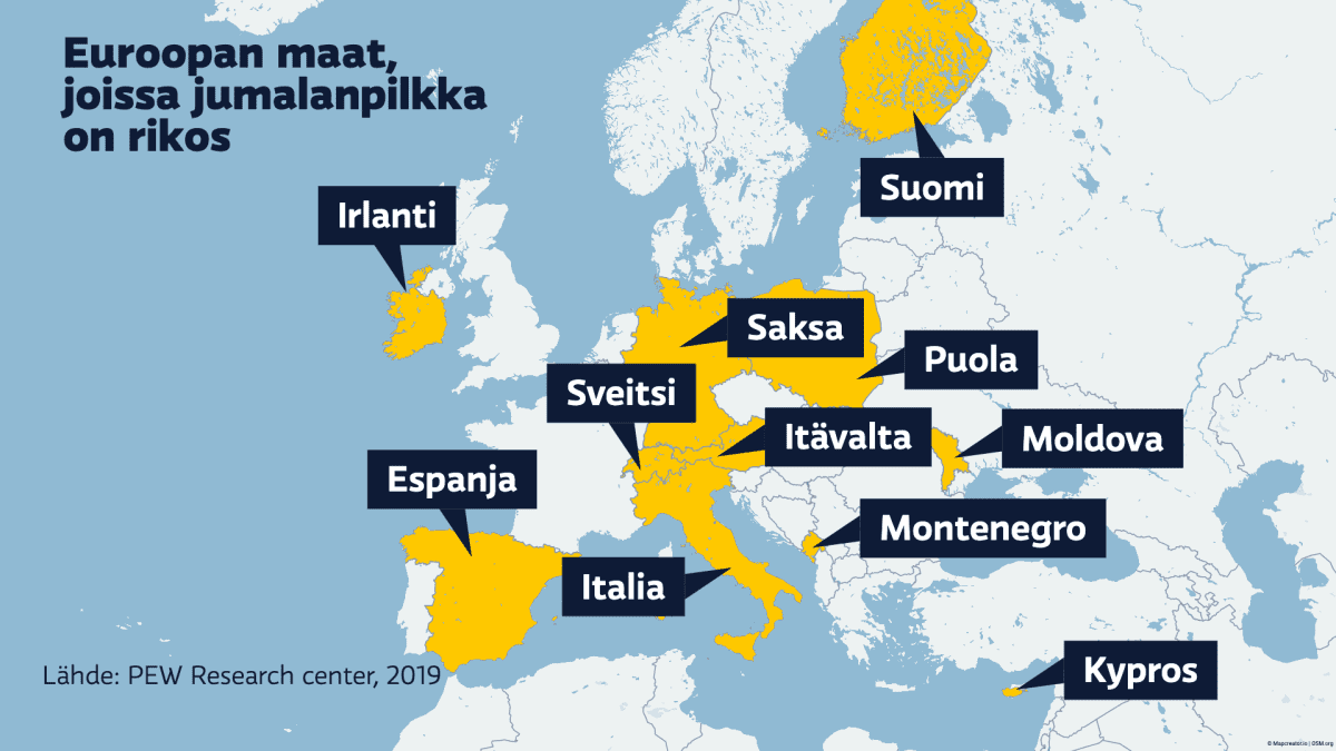 Kartalla näkyy Euroopan maat, joissa jumalanpilkka on rikos. Suomen lisäksi Irlanti, Espanja, Saksa, Puola, Sveitsi, Itävalta, Moldova, Montenegro, Italia ja Kypros.