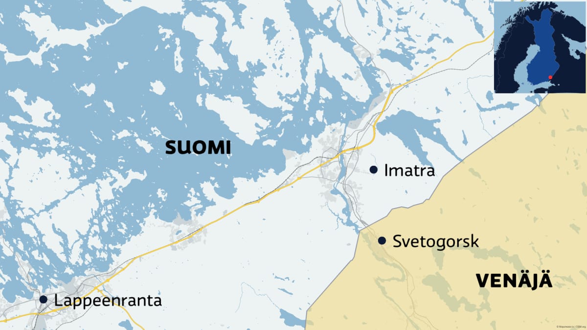 Kartta näyttää Imatran ja Svetogorskin sijainnin rajan molemmin puolin.