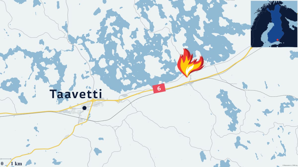Kartta Jurvalanharjun sijainnista suhteessa 6-tiehen ja Taavettiin.