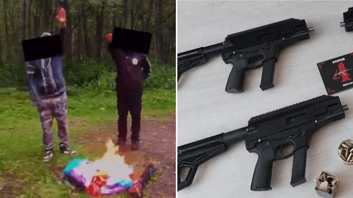 The photo on the left shows one of the suspects in the case and on the right are some of the weapons suspected to have been made by the group using a 3D printer.
