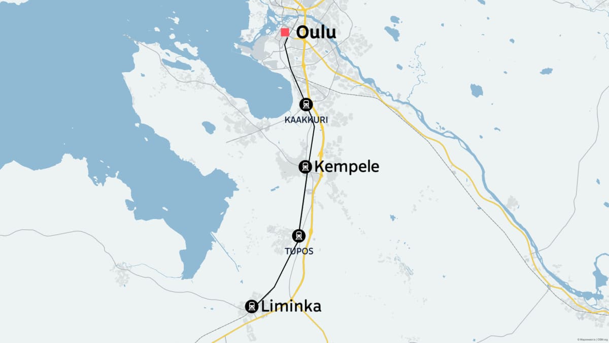 Kartta näkymä tulevasta lähijuna-asemista Liminka ja Oulun välillä.