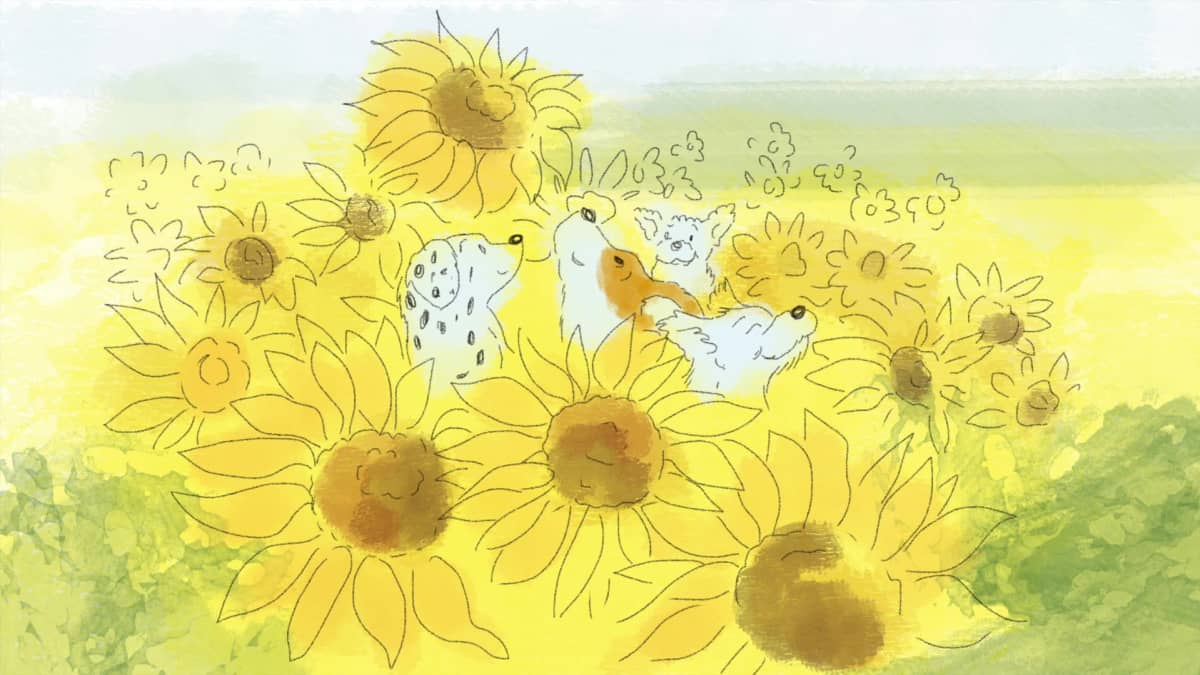 Piirroskuvassa on koiria auringonkukkapellon keskellä.