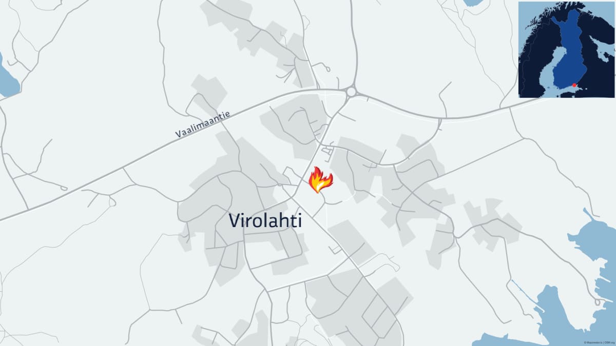 Karttagrafiikka tulipalosta Virolahden keskustassa.