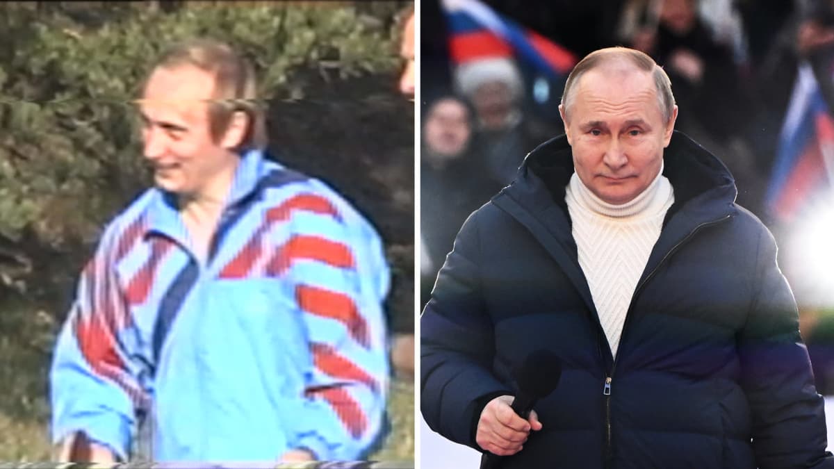 Kuva Vladimir Putinista 90-luvulla ja vuonna 2023. 90-Luvulla Putinilla on päällään ajalle tyypillinen värikäs verkkapuku ja 2023 valkoinen poolopaita ja musta takki.