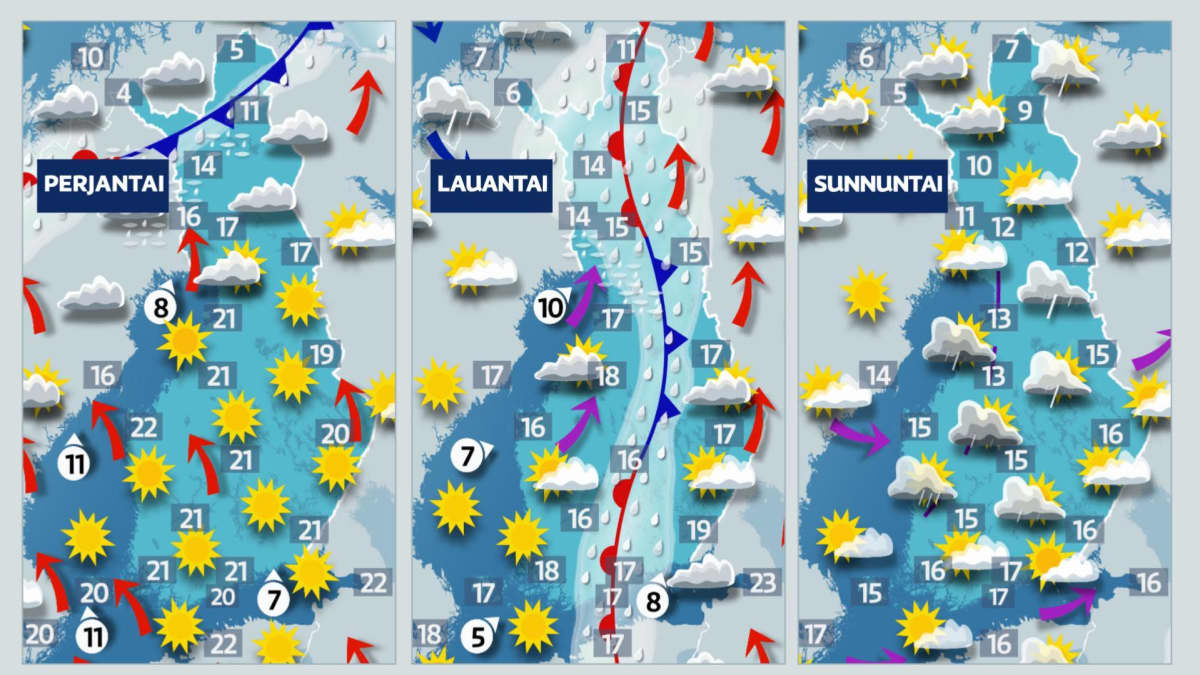 Kuvassa näkyy perjantain, lauantain ja sunnuntain sääkartat.