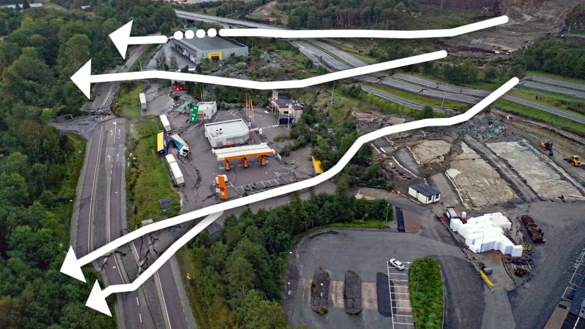Ilmakuva E6-valtatiellä sattuuneesta tiesortumasta Stenungsundissa, Ruotsissa. Valokuvan päällä kolmen murtumalinjan suunnat.