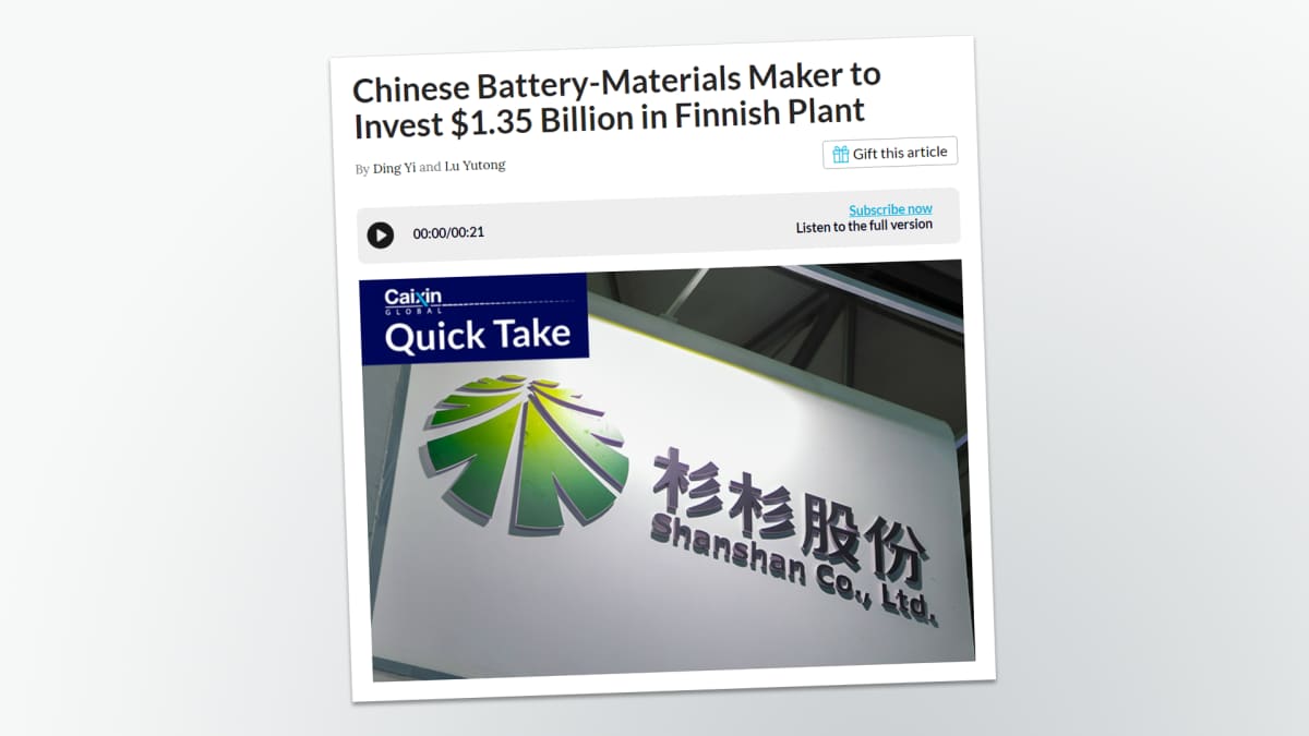 Kuvakaappaus Caixin Global -sivustolta, jossa näkyy uutinen, jonka mukaan kiinalainen Ningbo Shanshan suunnittelee 1,35 miljardin dollarin tehdasta Suomeen.