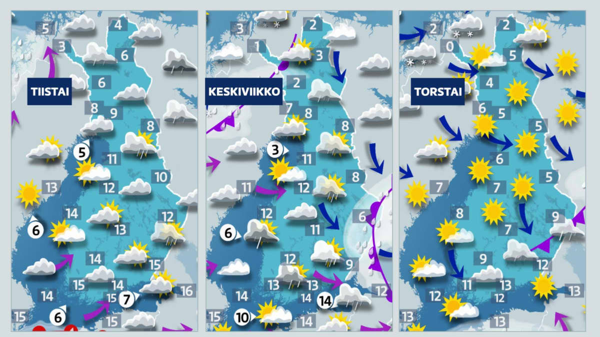 Sääkartat 3 iltapäivää: tiistai, keskivikko ja torstai.