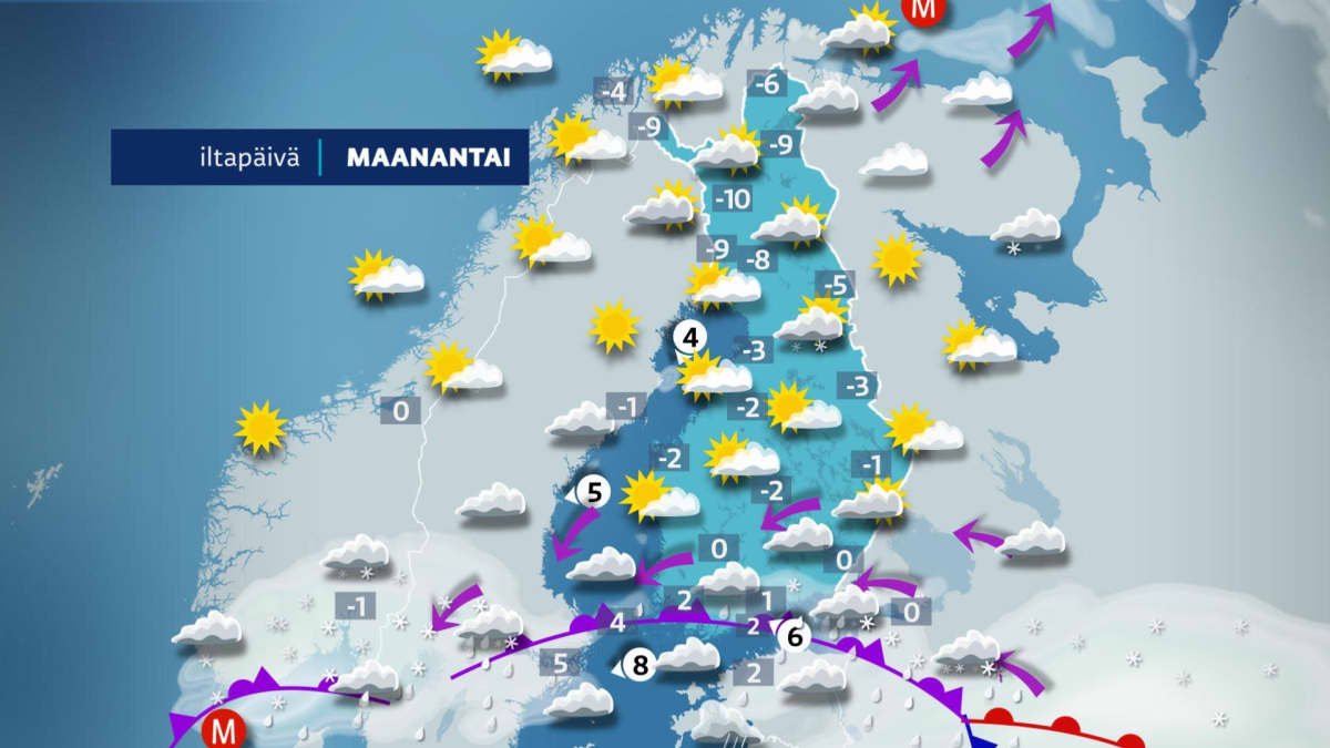 Etelässä voi tulla lumikuuroja.