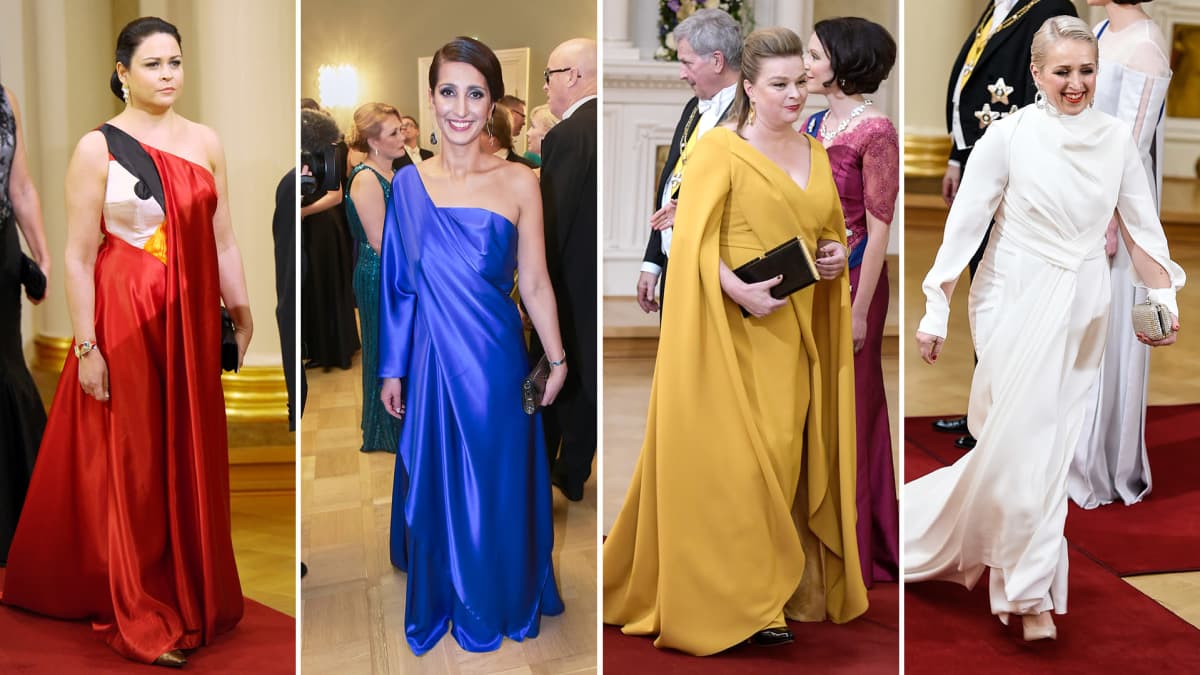 Teija Vesterbacka, Nasima Razmyar, Elina Knihtilä ja Anna Perho Linnan juhlien huumassa. Katri Niskasen suunnitelemat puvut jokaisella. Kuvakooste.