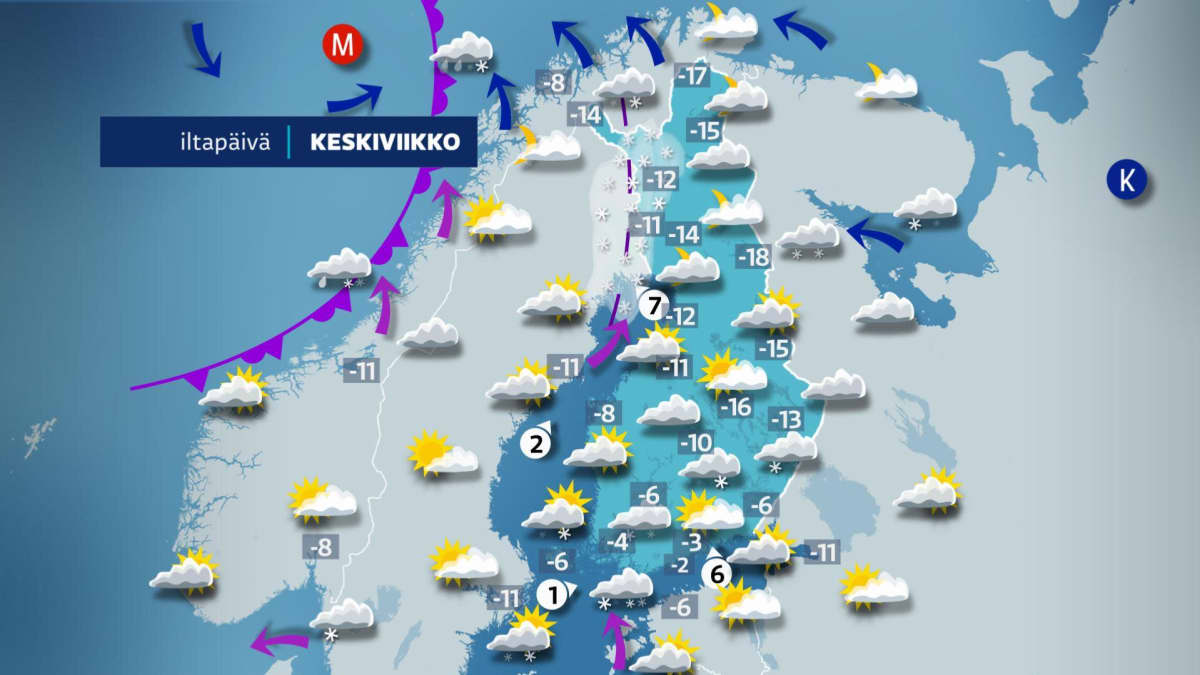 Keskiviikkona koko maassa on pakkasta.