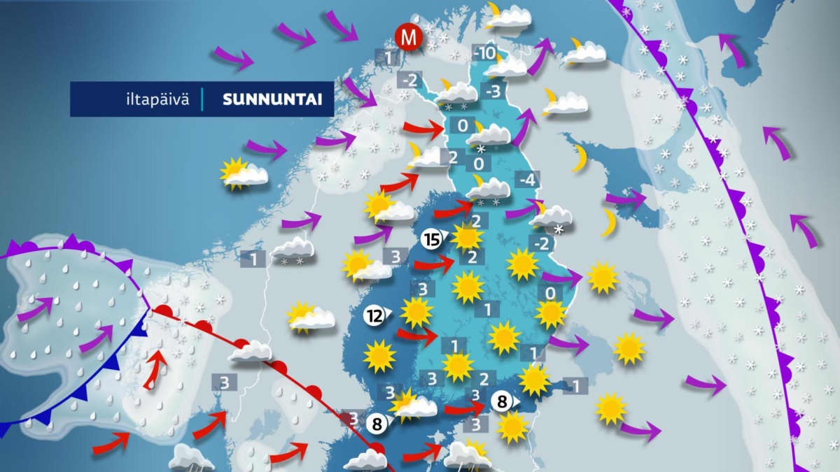 Sunnuntaina suuressa osassa maata paistaa aurinko.