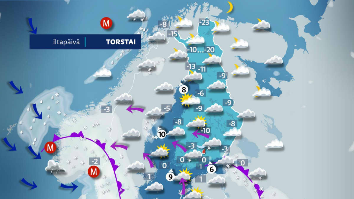 Etelässä lämpötila on nollassa. Pohjoisessa on reilusti pakkasta.