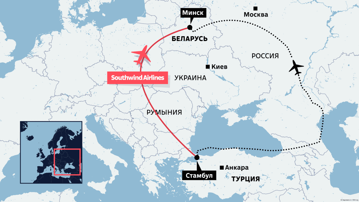 Kartta joss näkyy Southwind Airlinesin lentoreitti Istanbulista Minskiin.