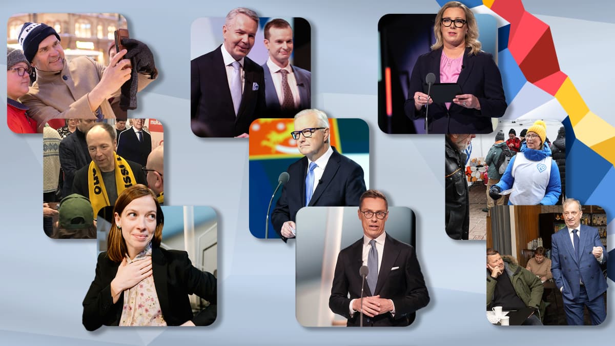 Presidentinvaaleissa on 9 ehdokasta. Kuva: Valokuvat: Jani Aarnio / Yle, Ari Haimakainen / Yle, Petteri Bülow / Yle, Grigory Vorobyev / Yle, Silja Viitala / Yle, Henrietta Hassinen / Yle, Antti Haanpää / Yle, Minna Rosvall / Yle, grafiikka: Hilppa Hyrkäs / Yle, kuvakollaasi: Miku Huttunen / Yle