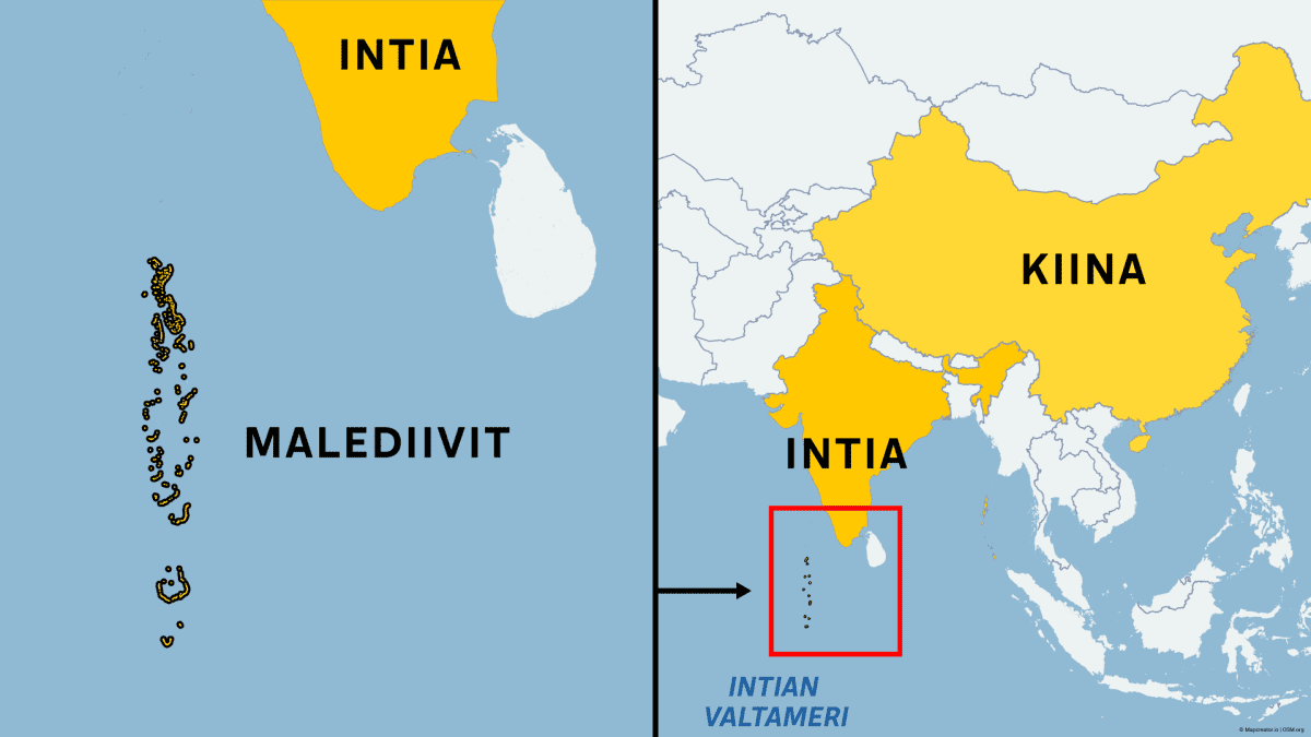 Kartta johon on merkitty Intian valtamerellä sijaitseva Malediivit. Intia ja Kiina on myös merkitty.