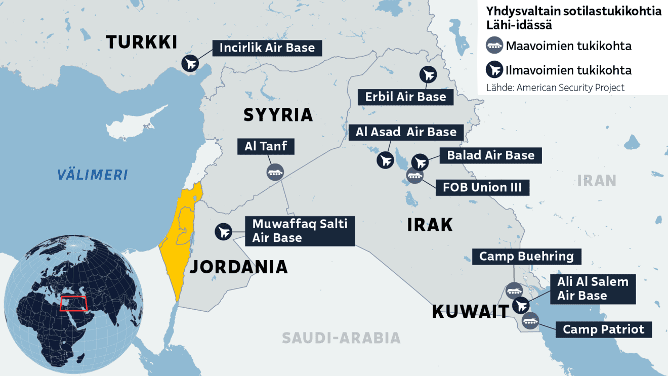 Kartalla Yhdysvaltain sotilastukikohtia Lähi-idässä.