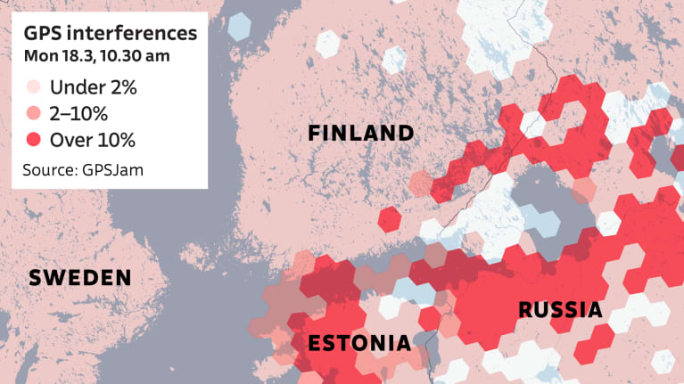 Map showing GPS interference on monday March 18 at 10.30 am. GPS interference occurs especially in South-Eastern Finland near the Russian border and on the Gulf of Finland.