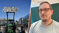 Ett bildcollage med två bilder. En bild visar en traktor med ett demonstrationsplakat, en bild visar en man.