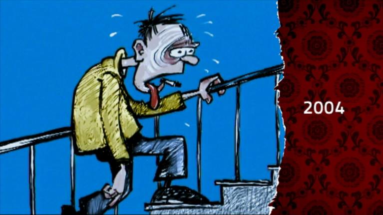 teckning av man med dålig kondition,