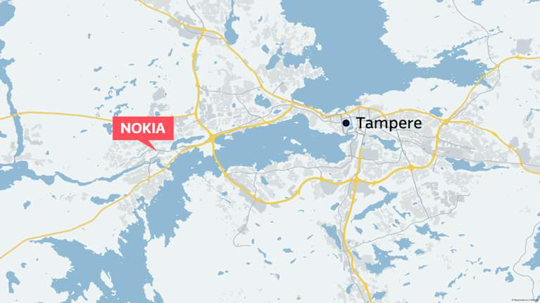 Map showing Nokia and Tampere.