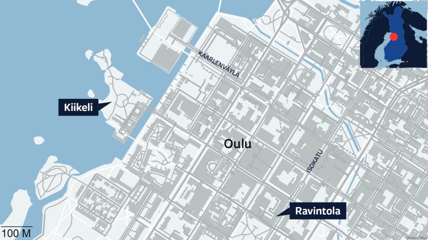 Oulun keskustan kartalle on merkitty Kiikelin, Isokadun ja Kaarlenväylän sijainti.