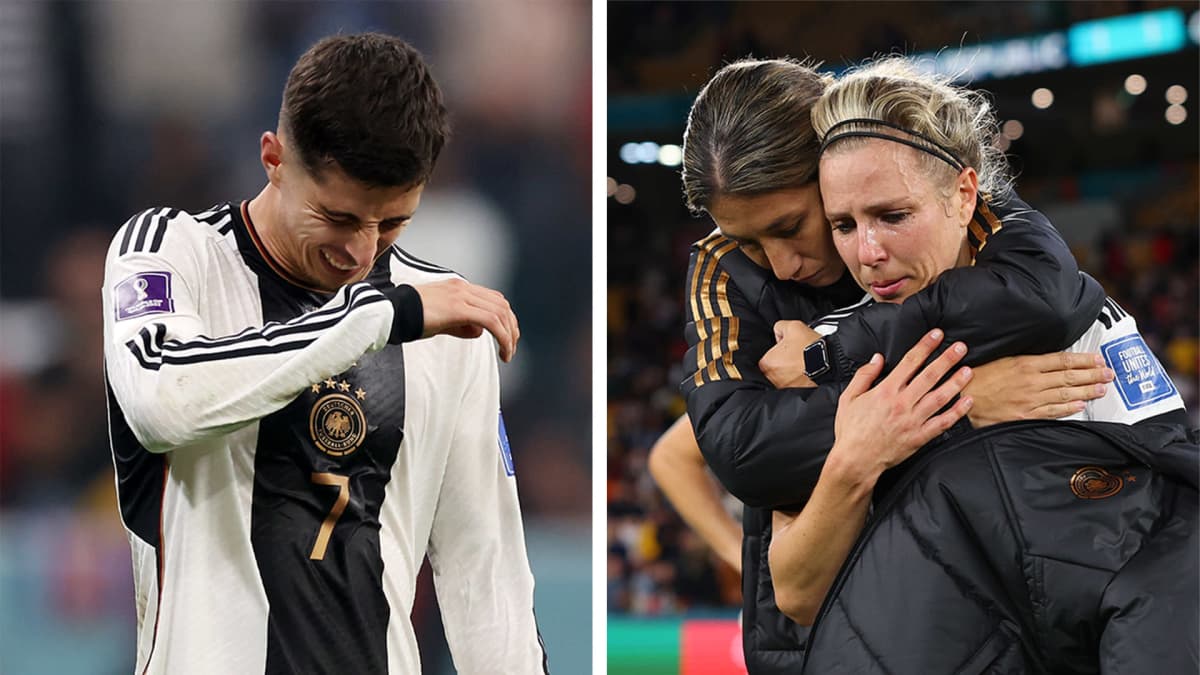 Kai Havertz järkyttyneenä, kun Saksa jäi Qatarin MM-kisoissa alkulohkoon ja Svenja Huth pettyneenä, kun Saksa jäi alkulohkoon naisten MM-kisoissa 2023.