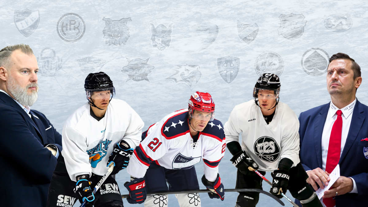 Kuvamuokattuna yhdistelmäkuvassa SM-liigan joukkueiden logot, Rikard Grönborg, Jori Lehterä, Petrus Palmu, Ryan Lasch ja Ville Peltonen.