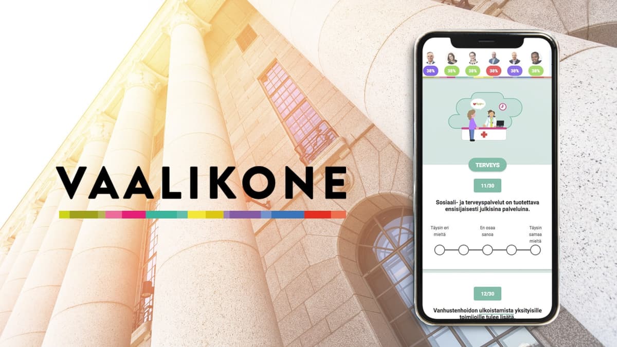 Vaalikone 2019. Älypuhelin, jossa vaalikone on auki edustalla ja taustalla eduskuntatalo.