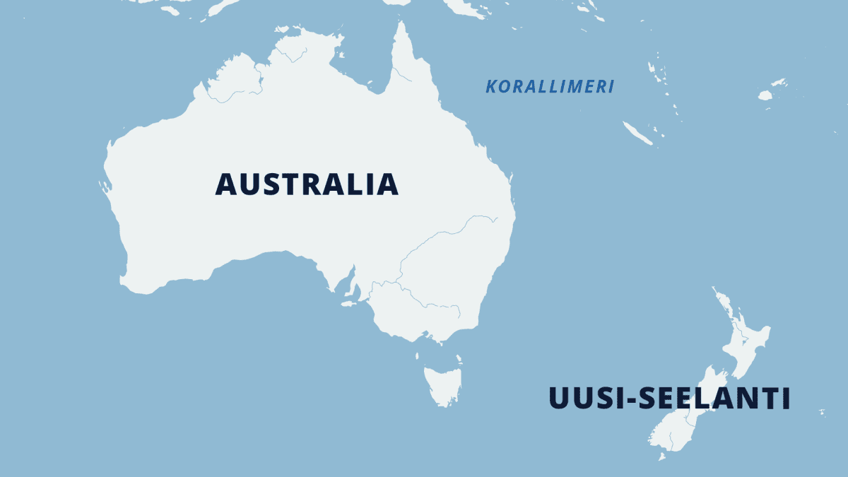 Kartta, jossa näkyy Korallimeren sijainti Australian rannikolla.