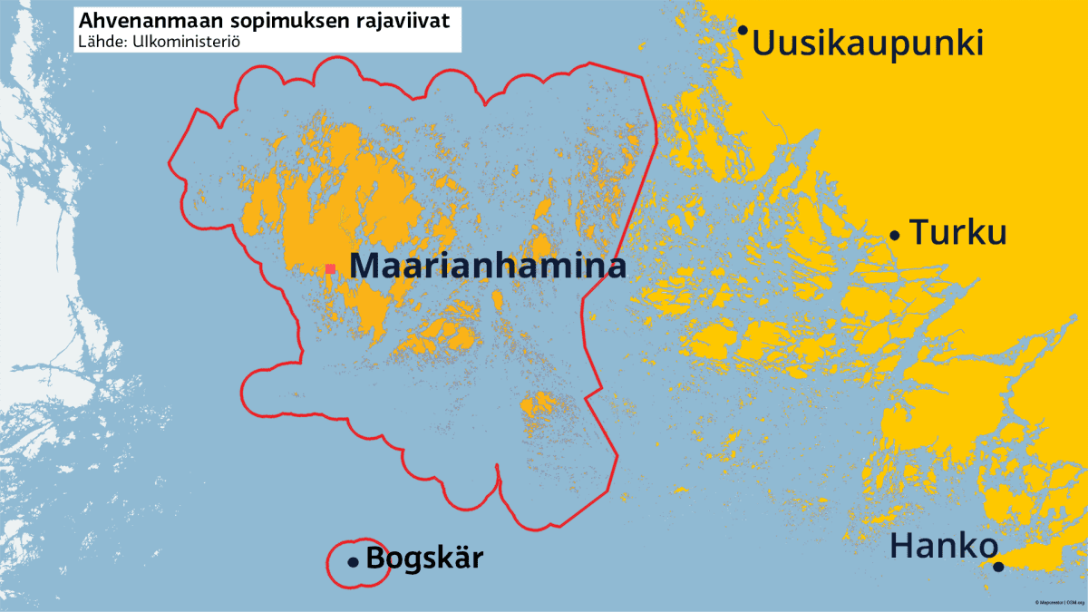 Ahvenanmaan sopimuksen mukainen demilitarisointialue kartalla.