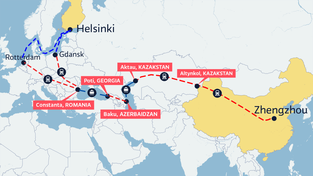 Kartta, junatavarakuljetuksien vaihtoehtoinen reitti Kiinasta Suomeen.