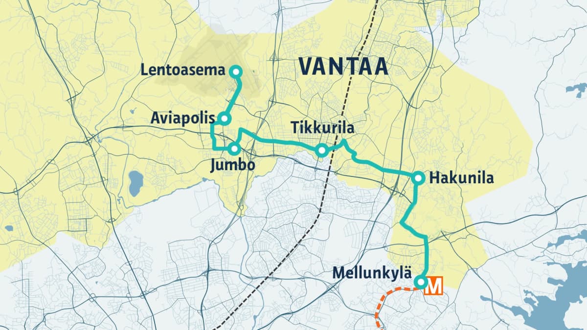 Karta över den nya spårvägen i Vanda. 