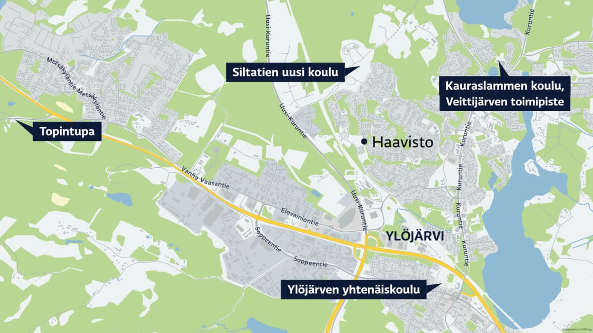 Karttakuvaa Ylöjärveltä. Karttaan on merkitty Topintupa, Siltatien uusi koulu, Kauraslammen koulun Veittijärven toimipiste sekä Ylöjärven yhtenäiskoulu.