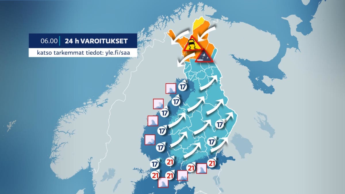 Kuvassa on varoituskartta kuluvalle vuorokaudelle