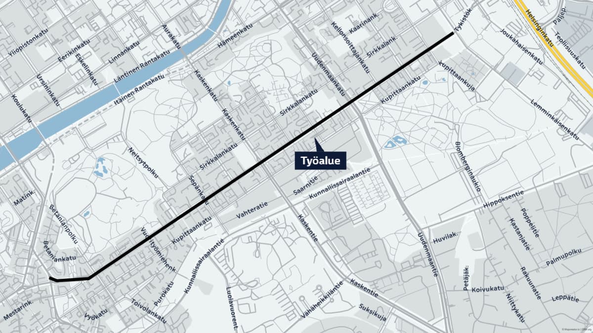 Karttakuva Itäisen Pitkäkadun suunnittelualueesta.