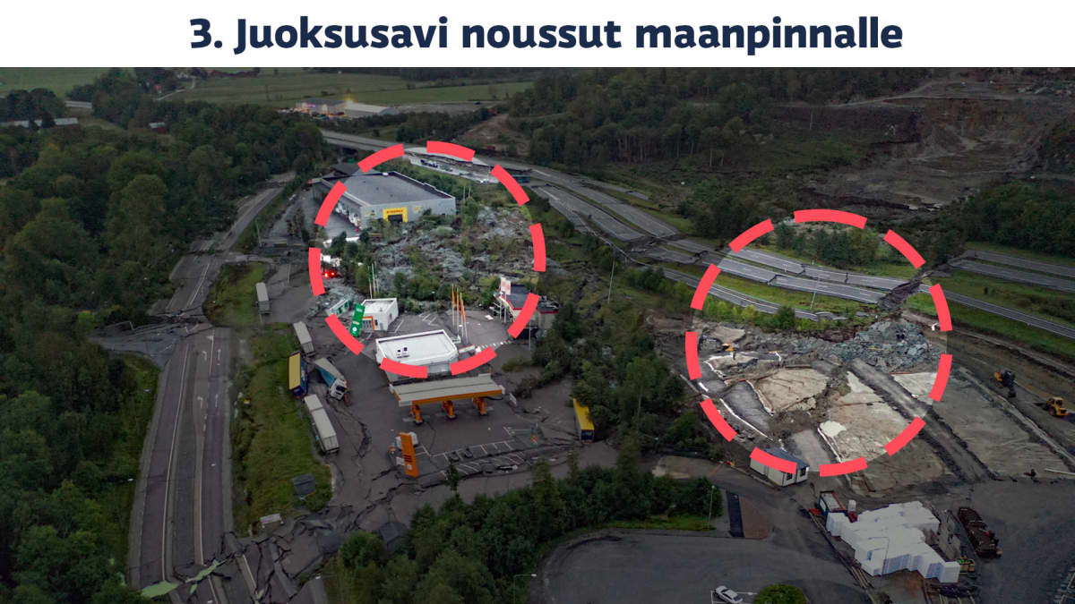 Ilmakuva E6-valtatiellä sattuuneesta tiesortumasta Stenungsundissa, Ruotsissa. Kuvan päälle on ympyröity kohdat, johon on noussut juoksusavea.