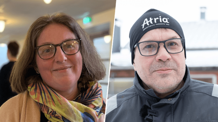 Ett fotokollage av två personer, till vänster en man utomhus i mörk arbetsjacka och och till höger en kvinna som står inomhus i skolmiljö.