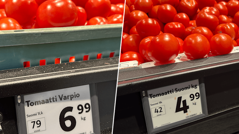 Collage av två bilder på tomater i affären. I bild syns också priserna: 6,99 euro per kilogram och 4,99 per kilogram.