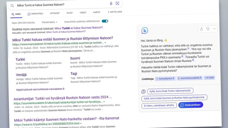 Kuvakaappaus, jossa näkyy Bing-tekoälyn tarjoama vastaus hakuun "Miksi Turkki ei halua Suomea Natoon?"